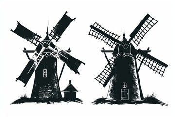 Obraz premium Windmill mill icon, rural countryside mill symbol, graffiti spray wind mill building emblem on white