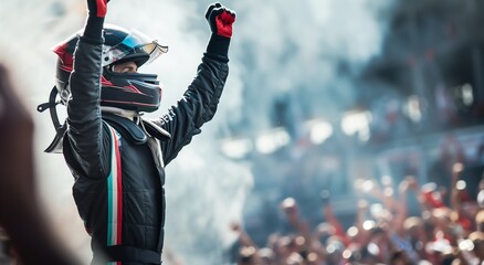Race Car Driver Celebrating Victory with Raised Arms at Grand Prix, Wearing Helmet and Racing Suit