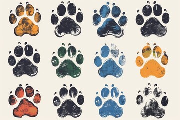 Paw footprint icon, animal foot print, dog graffiti spray step, wolf trail, bear trace silhouette, paw footprint