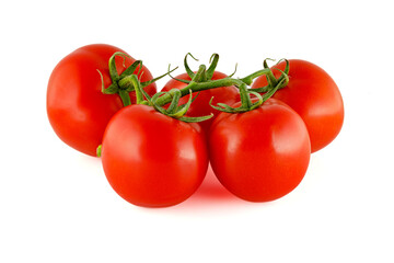Red, fresh tomatoes on a branch isolated on a white background. Full depth of field.
