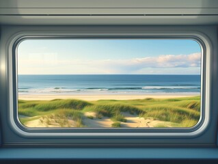 Naklejka premium Train travels through countryside landscape with green fields, rolling hills, and distant body of water. Panoramic view from train window shows serene scenery perfect for travel agency and tourism.
