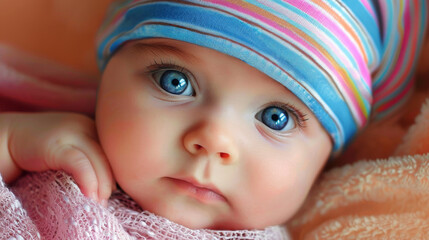 Close up portrait of a cute bright blue-eyed baby looking at camera. Happy motherhood and 
 artificial insemination concept. Perfect for banner and advertising. Generative AI.