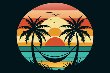

Retro and vintage summer beach vector t-shirt design with palm tree, Tropical sunset with palm trees vector graphic illustration