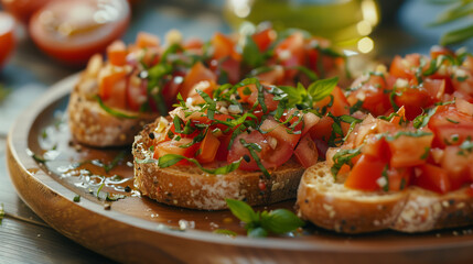 Aromatic bright bruschetta with pesto, cherry tomatoes, shrimp on a wooden plate 
