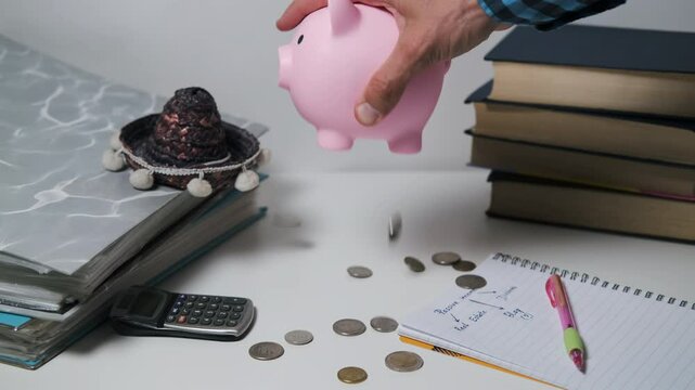 Coins spill from a pink piggy bank onto a table with a calculator and notepad. More coins scattered around. Savings, financial security and budgeting concept