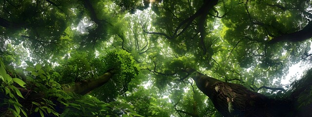 A panoramic view of the canopy from below, showcasing tall trees with lush green leaves in an enchanting forest setting