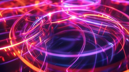 Obraz premium A captivating neon wave design featuring multiple rings of radiant, intersecting lines that form a complex and visually stunning pattern.