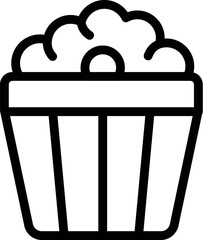 Black and white icon of a classic striped bucket overflowing with buttery popcorn