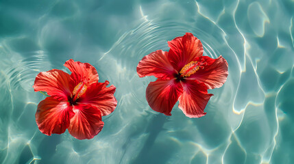 Top view of two red hibiscus flowers floating on water