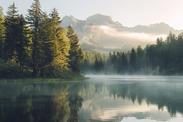 Fototapeta premium serene foggy lake with forest and mountains in background