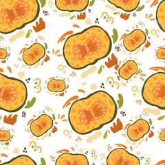 Vector orange falling pumpkins seamless repeat pattern background. Symbol of Halloween and Thanksgiving. Great for fall themed designs, invitation, fabric, packaging projects.