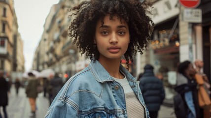 Fototapeta premium A young woman with curly hair and hoop earrings stands confidently in a busy city street,