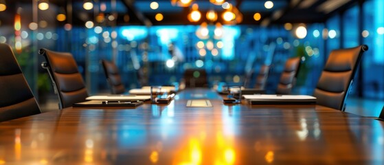 Corporate Boardroom, Focused view of chairs and table in a well-lit meeting room, Business Setting.