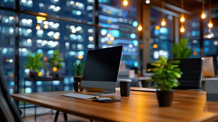 Night Office, Computer on a wooden desk with city lights in the background, Modern Workplace.