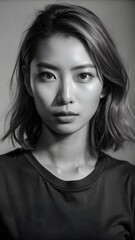 Fototapeta premium Portrait of a young Asian woman with short hair and a serious expression