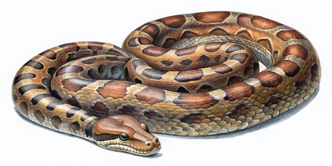 Obraz premium A majestic boa constrictor, native to Brazil, rests in a wildlife recovery center, its scaly body entwined, scars evident, a victim of wildlife trafficking, seeking refuge.