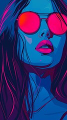Stylish Woman in Pink Sunglasses. Neon Synthwave and Retro Futurism Portrait