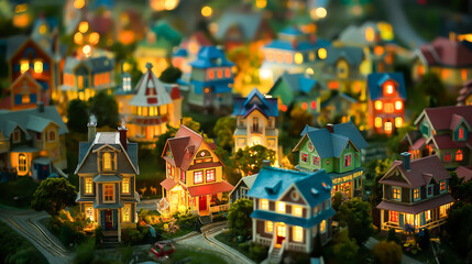 A model city made of glass and lit from within, Toy village with many colored miniature houses
