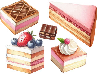set with a variety of bright cakes, cupcakes and sweets in a watercolor style
