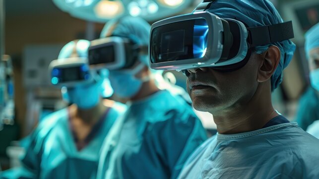 Surgeons using virtual reality technology during a procedure in a modern operating room.