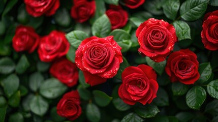 Obraz premium Close-up of beautiful red roses in full bloom, surrounded by lush green leaves. Perfect for romance, nature, and garden-themed projects.