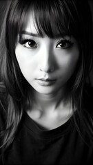 Fototapeta premium Portrait of a young woman with long dark hair and big eyes in black and white