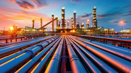 Oil Refinery, Industrial pipelines and towers at sunset, Energy Production