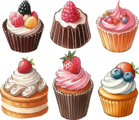 set with a variety of bright cakes, cupcakes and sweets in a watercolor style