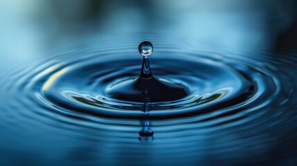 Close-up of a water droplet creating ripples in a calm, blue environment. Perfect for nature, liquid, and tranquility themes.