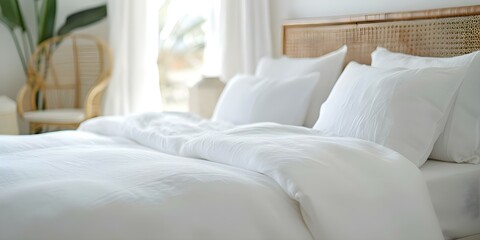 Relaxing staycation in a serene comfy retreat with white linen sheets. Concept Staycation, Serene Retreat, Comfortable Stay, White Linen Sheets, Relaxation