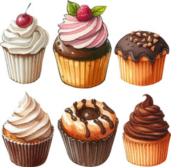 set with a variety of bright cakes, cupcakes and sweets in a watercolor style