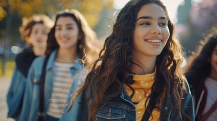 Fototapeta premium A group of young women walking down a busy city street, great for urban lifestyle or fashion concepts