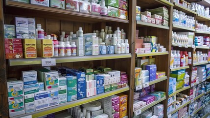 Pharmacy shelves stocked with boxes of healthcare products for sale.
