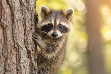 Obraz premium Baby Raccoon: A mischievous baby raccoon, climbing a tree in the backyard. 