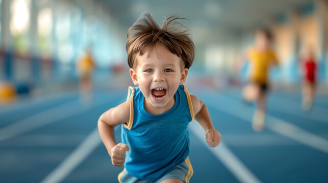 A joyful child running on an indoor track, expressing pure happiness and energy in his blue athletic outfit.