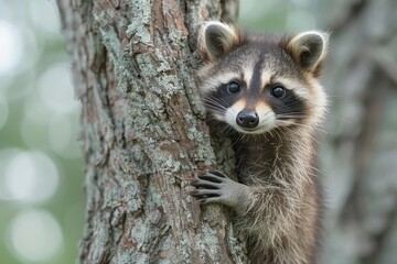 Obraz premium Baby Raccoon: A mischievous baby raccoon, climbing a tree in the backyard. 