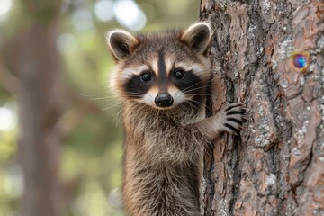 Fototapeta premium Baby Raccoon: A mischievous baby raccoon, climbing a tree in the backyard. 
