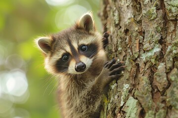 Fototapeta premium Baby Raccoon: A mischievous baby raccoon, climbing a tree in the backyard. 