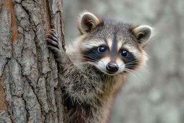 Baby Raccoon: A mischievous baby raccoon, climbing a tree in the backyard. 