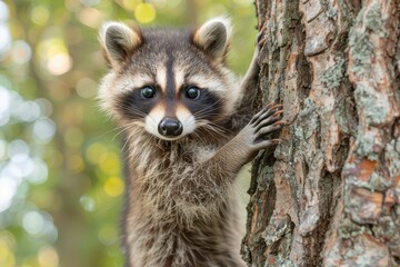 Fototapeta premium Baby Raccoon: A mischievous baby raccoon, climbing a tree in the backyard. 