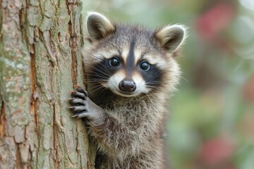 Baby Raccoon: A mischievous baby raccoon, climbing a tree in the backyard. 
