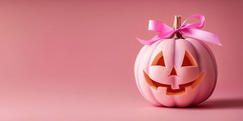 Fototapeta premium Banner with cute pink carved pumpkin with ribbon in front of pink studio background