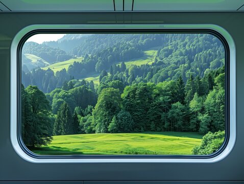 Fototapeta Train window view of green forest landscape with rolling hills and clear blue sky. Unique perspective from inside train cabin offers scenic views of natural world. Suitable for travel agency, tours.
