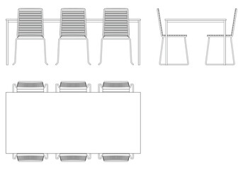 Chairs and Table Set Line Vector Illustration. Different Views of Modern Chair, Ideal for Furniture Design and Interior Concepts with Front, Side, and Top Views