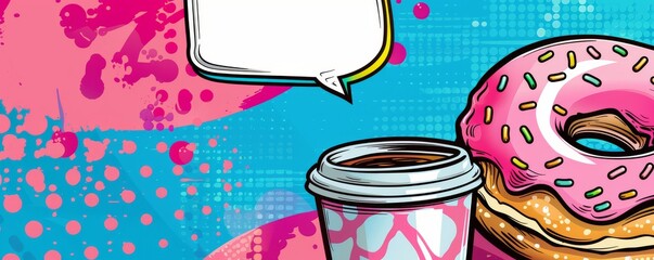 Playful pop art design with coffee cup, donut and speech bubble against a vibrant background
