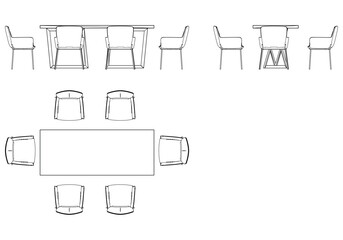 Chairs and Table Set Line Vector Illustration. Different Views of Modern Chair, Ideal for Furniture Design and Interior Concepts with Front, Side, and Top Views