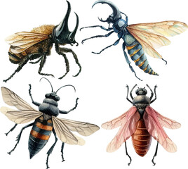 set with various insects in watercolor style