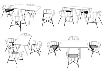 Collection of Elegant Modern Chairs and Table Set with Detailed Line Art on White Background. Vector Illustration