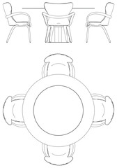 Chairs and Table Set Line Vector Illustration. Different Views of Modern Chair, Ideal for Furniture Design and Interior Concepts with Front, Side, and Top Views