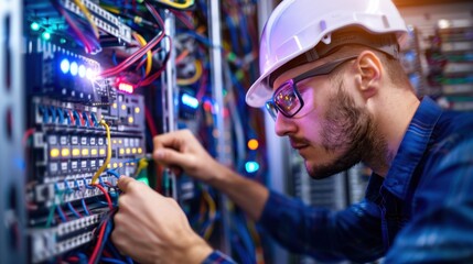 IT Technician, Focused man in hard hat working with cables in a server room, Technical Expertise